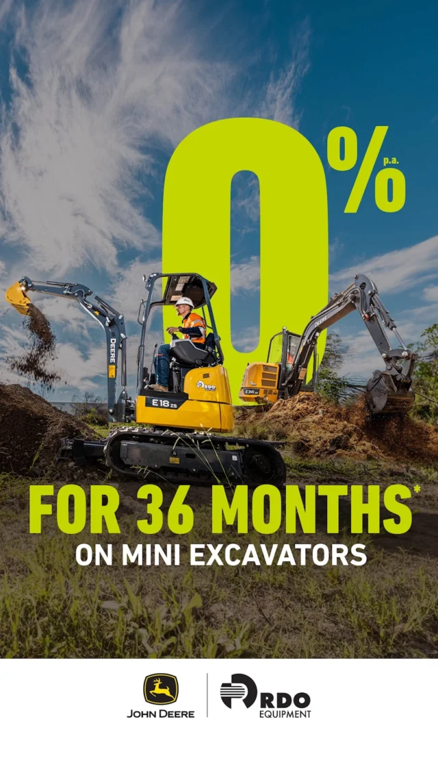 ⏰ Time Is Running Out!

There’s never been a better time to add a John Deere compact excavator to your fleet. Take advantage of 0% finance on the E18ZS and E36ZS and get the machine you need without the interest.*

✅ 0% finance 
✅ 36 months
✅ E18ZS & E36ZS compact excavators
✅ Offer ends 31 July

Don't miss your chance to lock in this great deal before it's gone.

📞 Contact your local RDO Equipment branch today to learn more.

*T&Cs apply